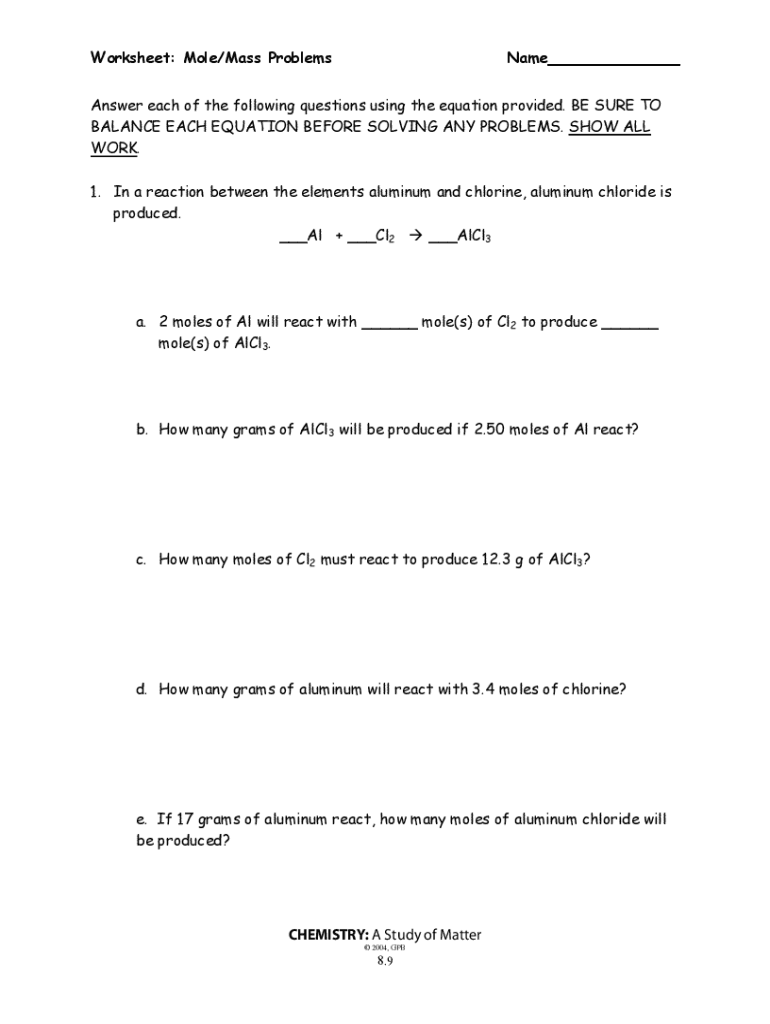 Fillable Online Worksheet Mole Mole Problems Name Gpb Pdf Fax Email Print pdfFiller