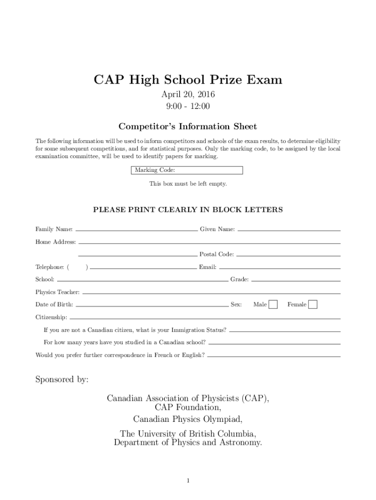 Fillable Online researchgroups usask CAP High School Prize Exam April