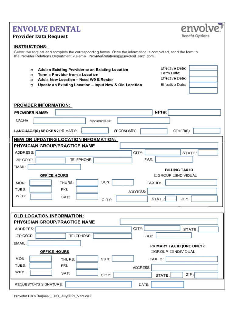 Fillable Online Envolve Dental Provider Data Request. Provider Data