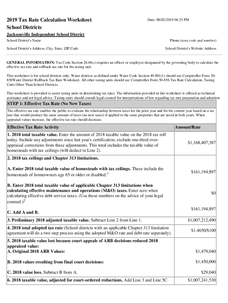 Fillable Online 2022 Tax Rate Calculation Worksheet School Districts