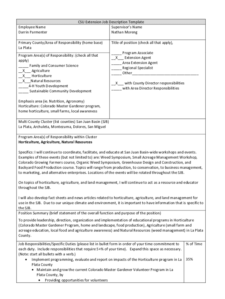 Fillable Online extension colostate Supervisor job description template