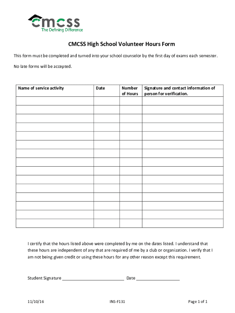 Fillable Online CMCSS High School Volunteer Hours Form Fax Email Print