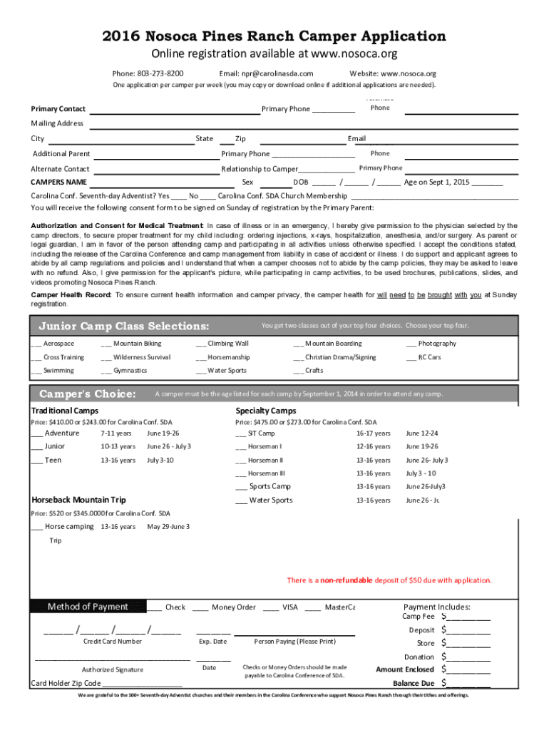 Fillable Online Nosoca Pines Ranch Application Form. Education Fax