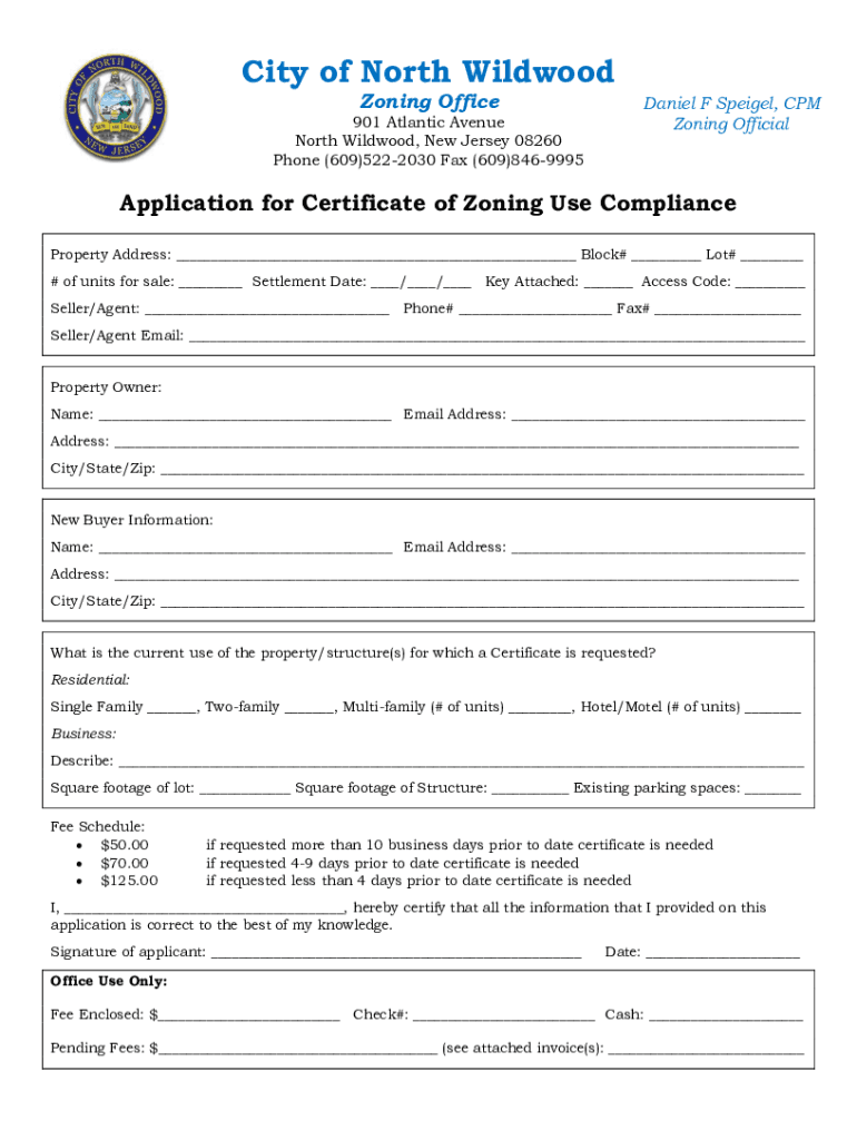 Fillable Online City of North Wildwood, NJ Zoning Use Compliance
