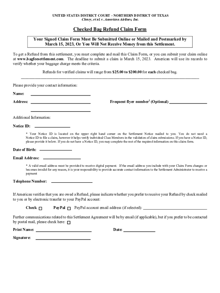 Fillable Online Checked Bag Refund Claim Form Fax Email Print pdfFiller