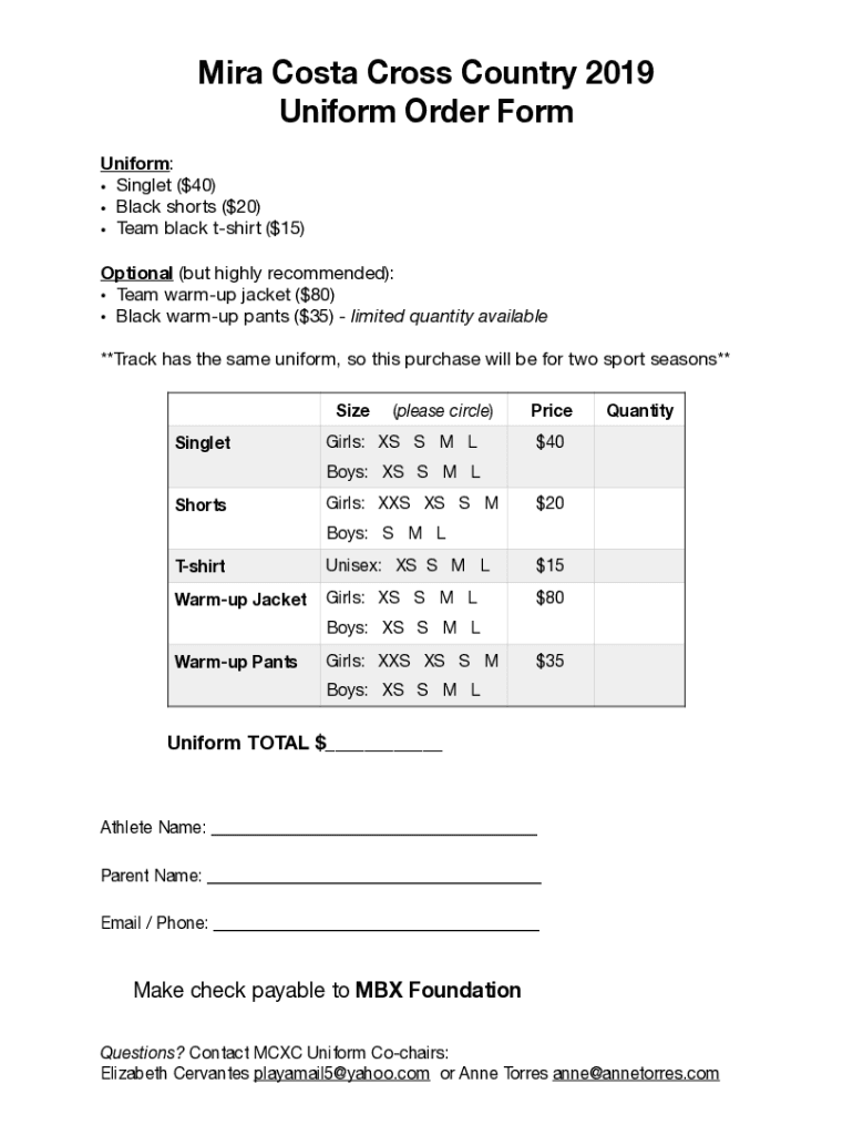 Fillable Online Mira Costa Cross Country 2019 Uniform Order Form Fax