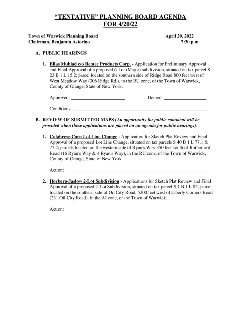 Fillable Online TENTATIVE PLANNING BOARD AGENDA FOR 4/20/22 Town of