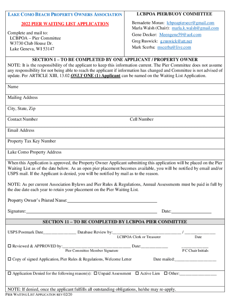 Fillable Online LAKE COMO BEACH PROPERTY OWNERS ASSOCIATION Fax Email