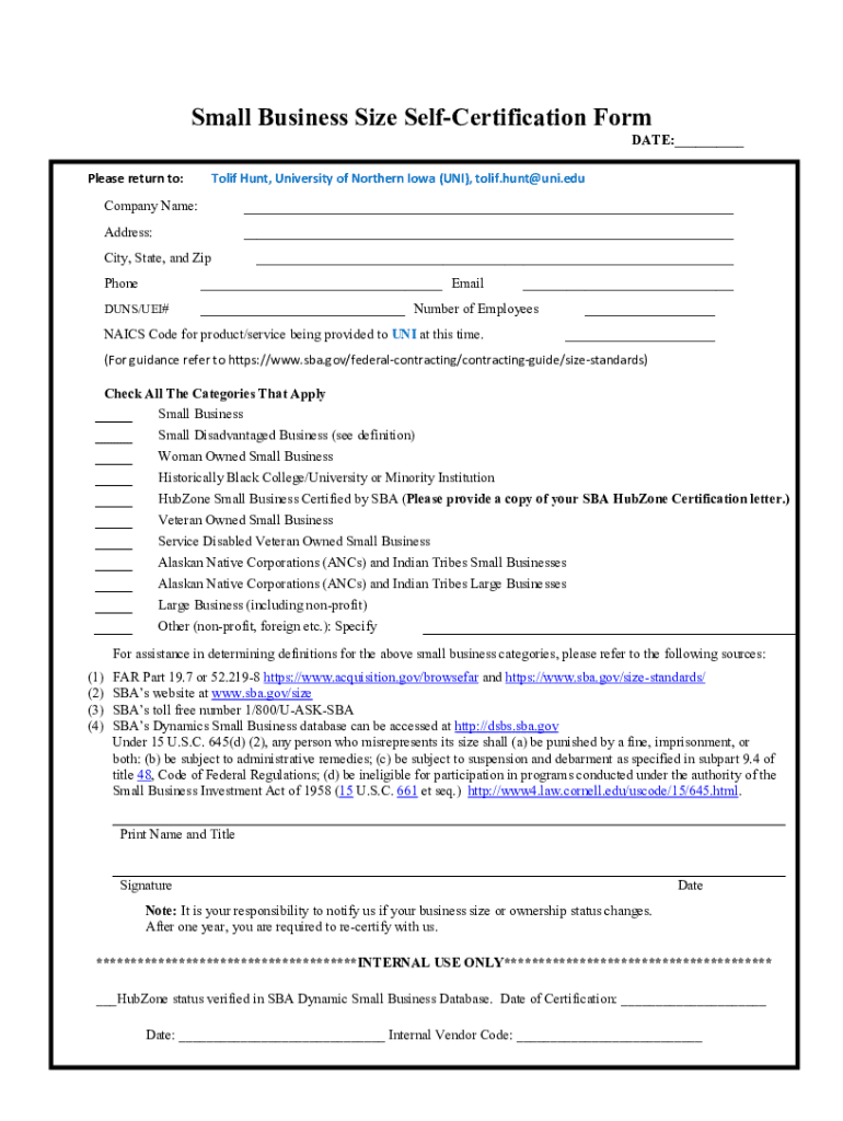 Fillable Online Small Business Size SelfCertification Form Fax Email