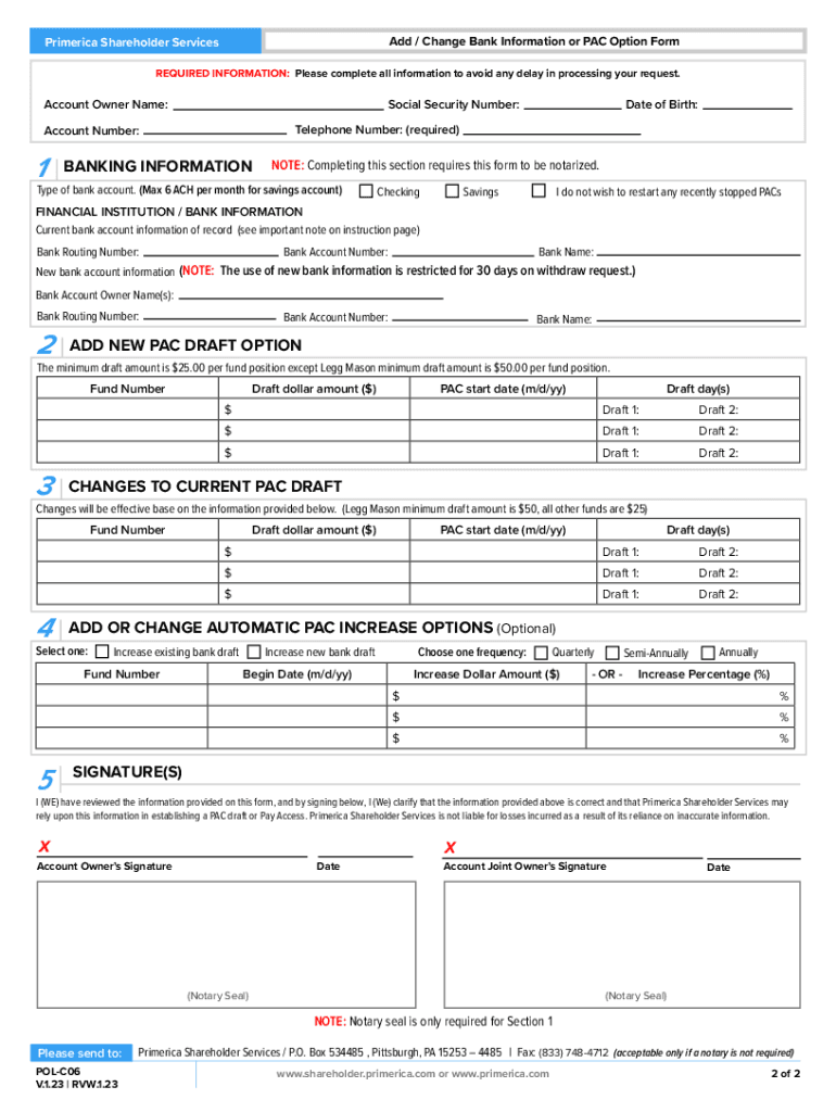 Fillable Online Add / Change Bank Information or PAC Option Form