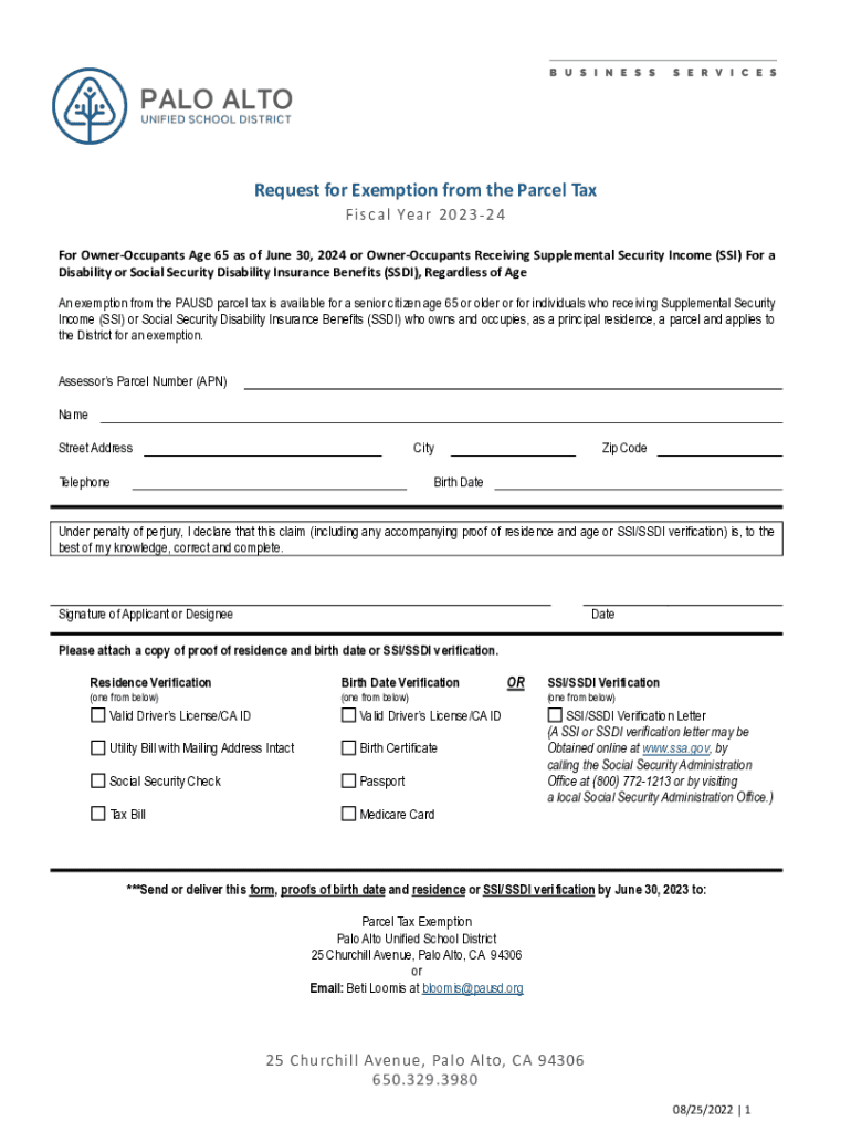 Fillable Online Parcel Tax Exemption Form Palo Alto Unified School