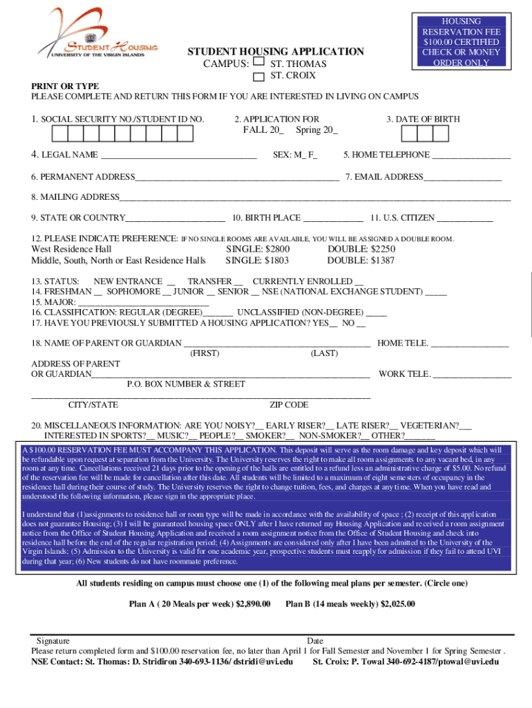 Fillable Online student housing application campus st. thomas Fax