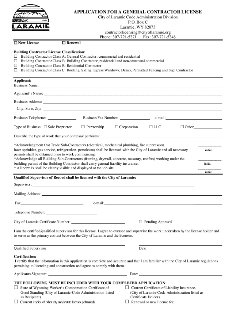 Fillable Online APPLICATION FOR A GENERAL CONTRACTOR LICENSE Fax Email