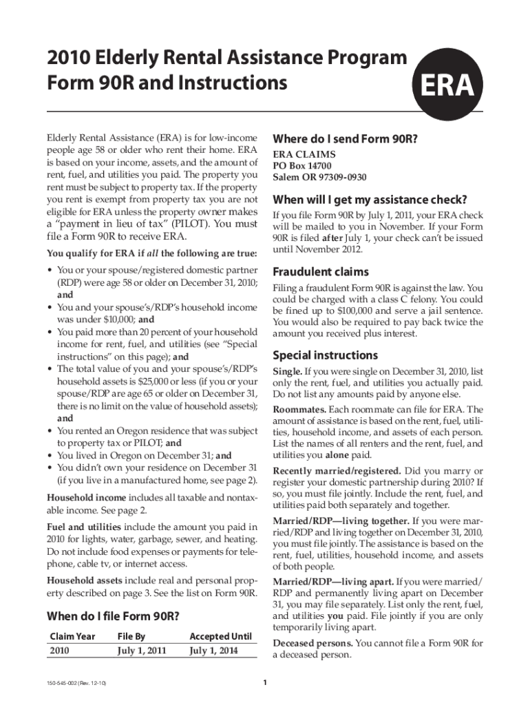 Fillable Online Form 90R, Oregon Elderly Rental Assistance Program Fax