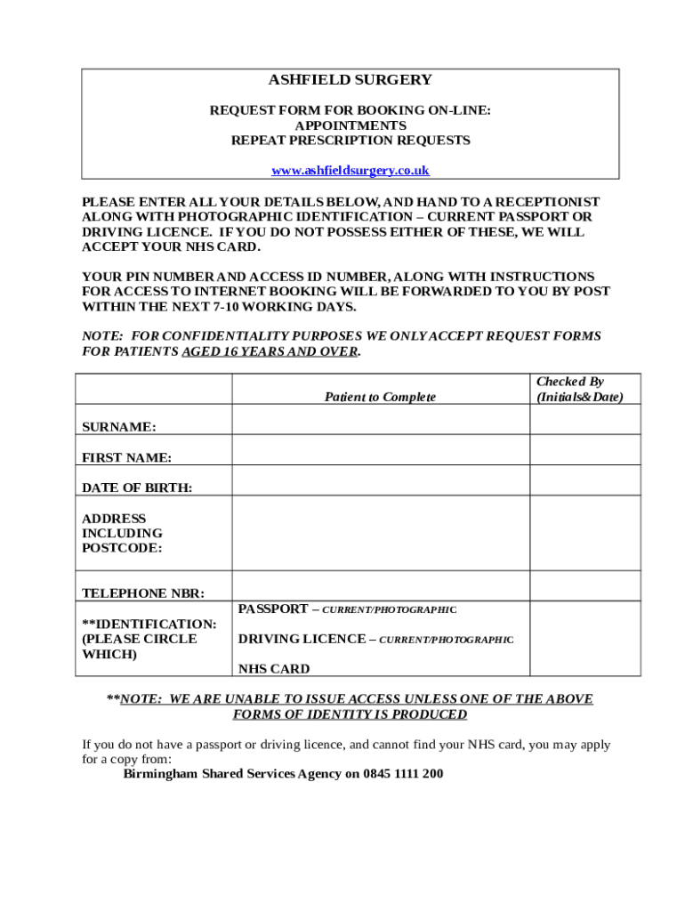 Online Services Ashfield Medical Centre Doc Template pdfFiller