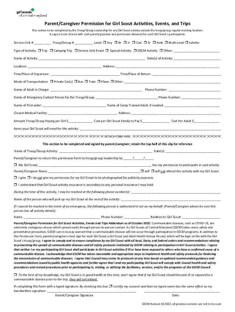 Fillable Online Parent/Caregiver Permission for Girl Scout Activities
