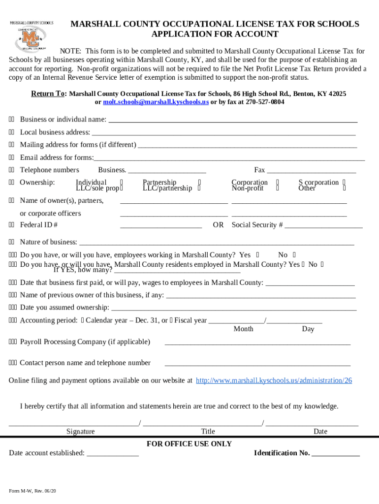 Marshall County Occupational License Tax Fill Online Doc Template