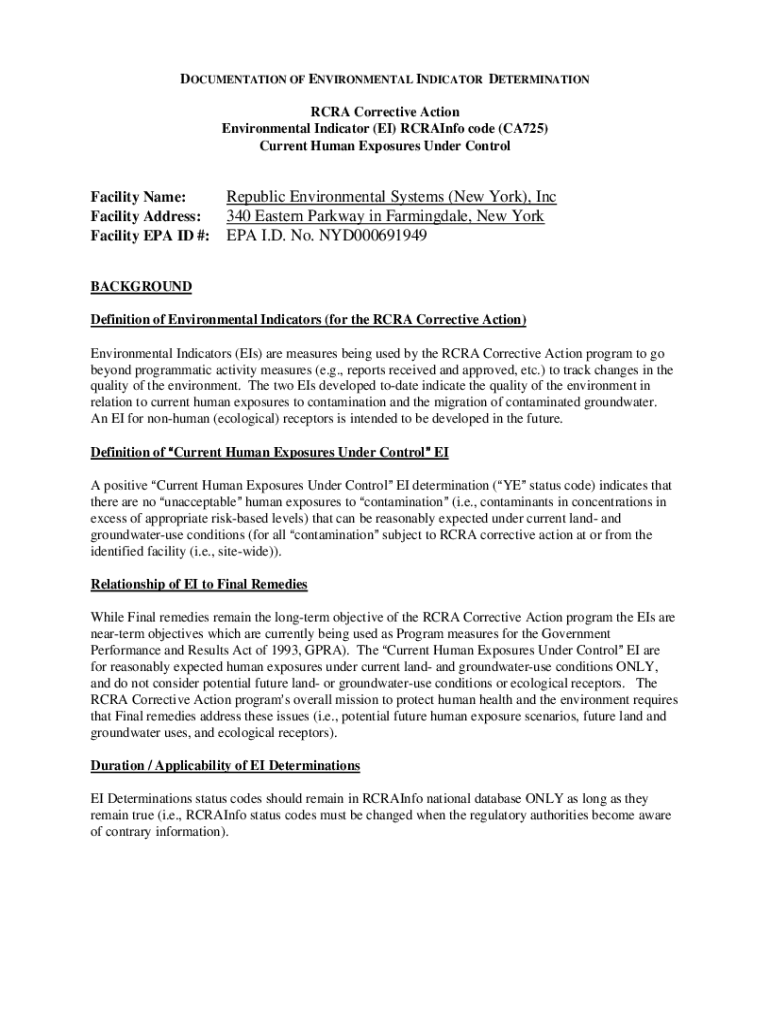 Fillable Online Documentation of Environmental Indicator Determination