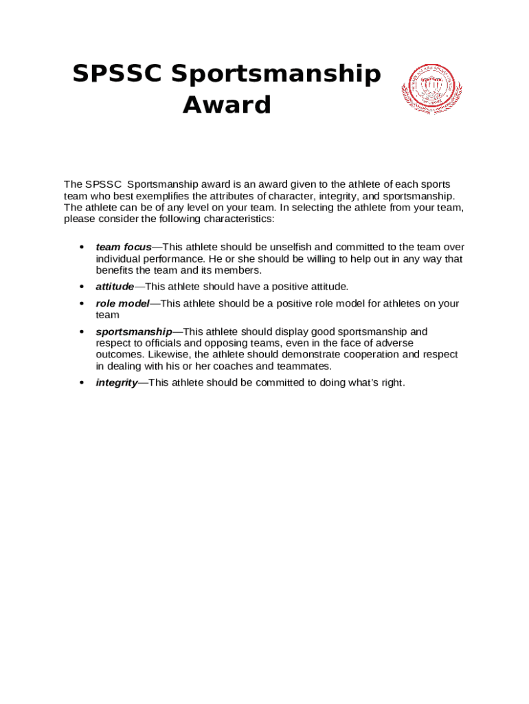 SPSSC Sportsmanship Award Nomination nsg moe edu Doc Template pdfFiller