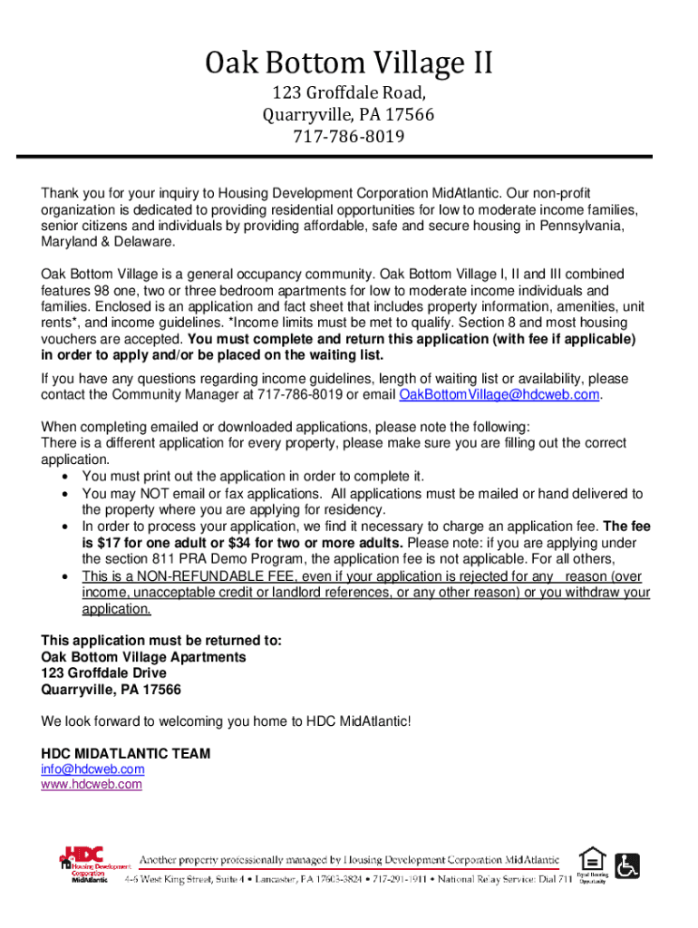 Fillable Online Oak Bottom VillageQuarryville, PA Low Apartments