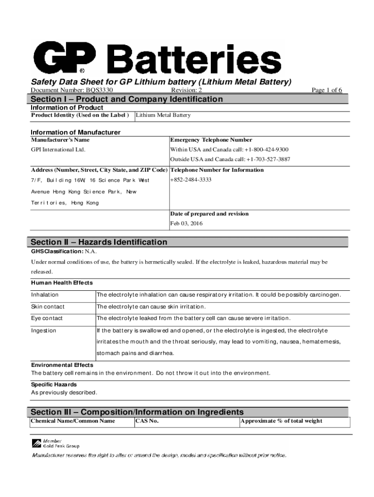 Fillable Online Lithium Battery Safety Data Sheet and Test Summary Fax
