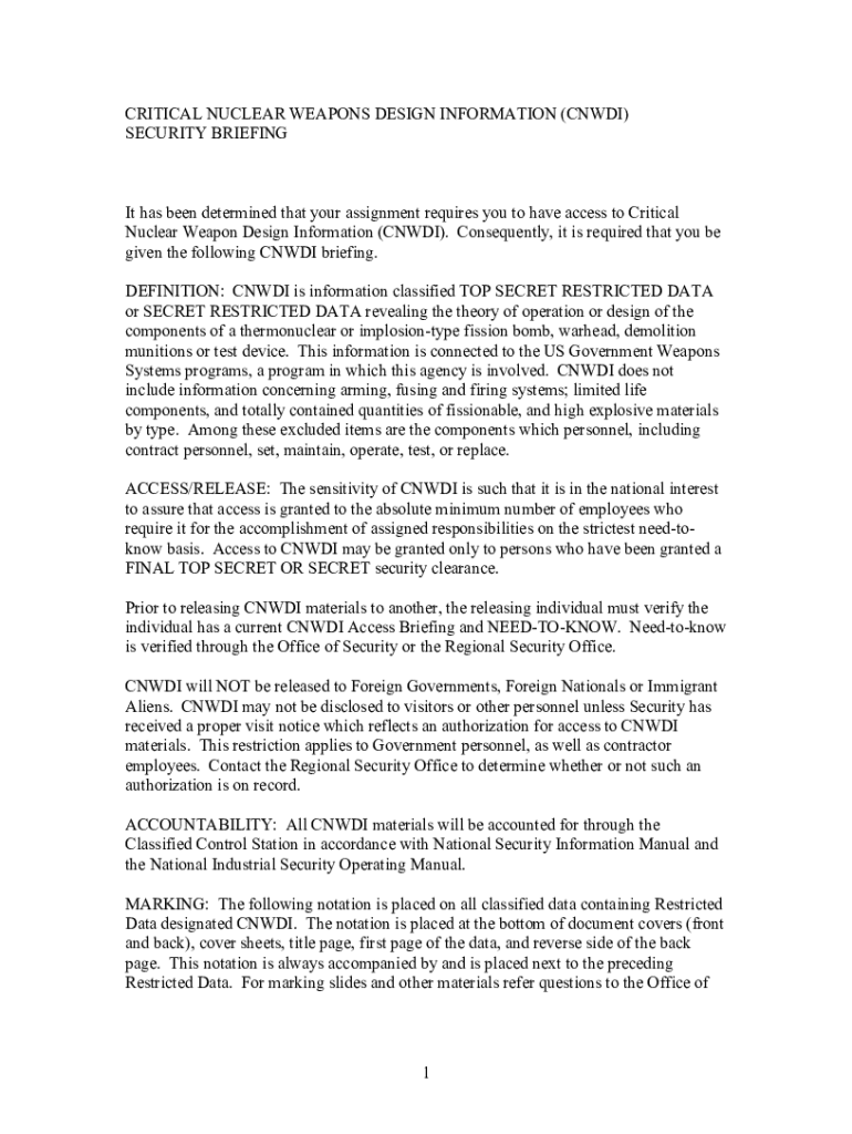 Fillable Online CRITICAL NUCLEAR WEAPONS DESIGN INFORMATION (CNWDI) Fax Email Print pdfFiller