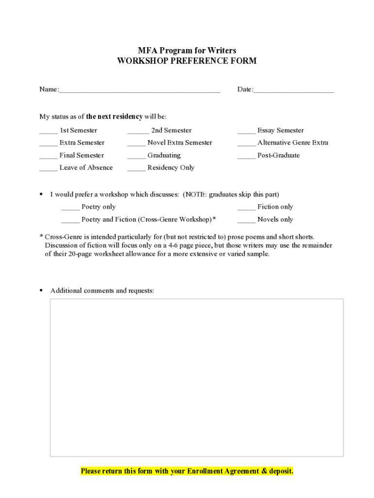 Fillable Online MFA Program for Writers PREFERENCE FORM Fax