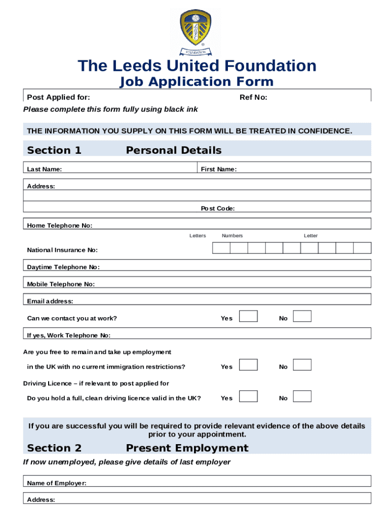 Leeds United FC Employment Application 1718 Doc Template pdfFiller