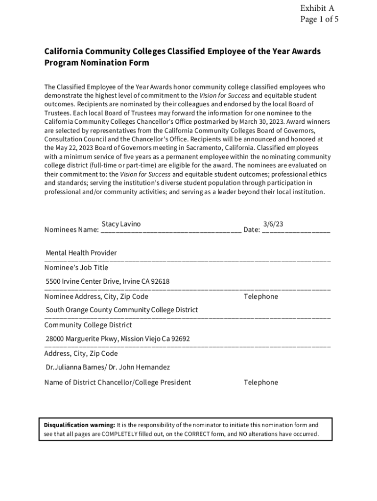 Fillable Online California Community Colleges Classified Employee of the Year Awards Program