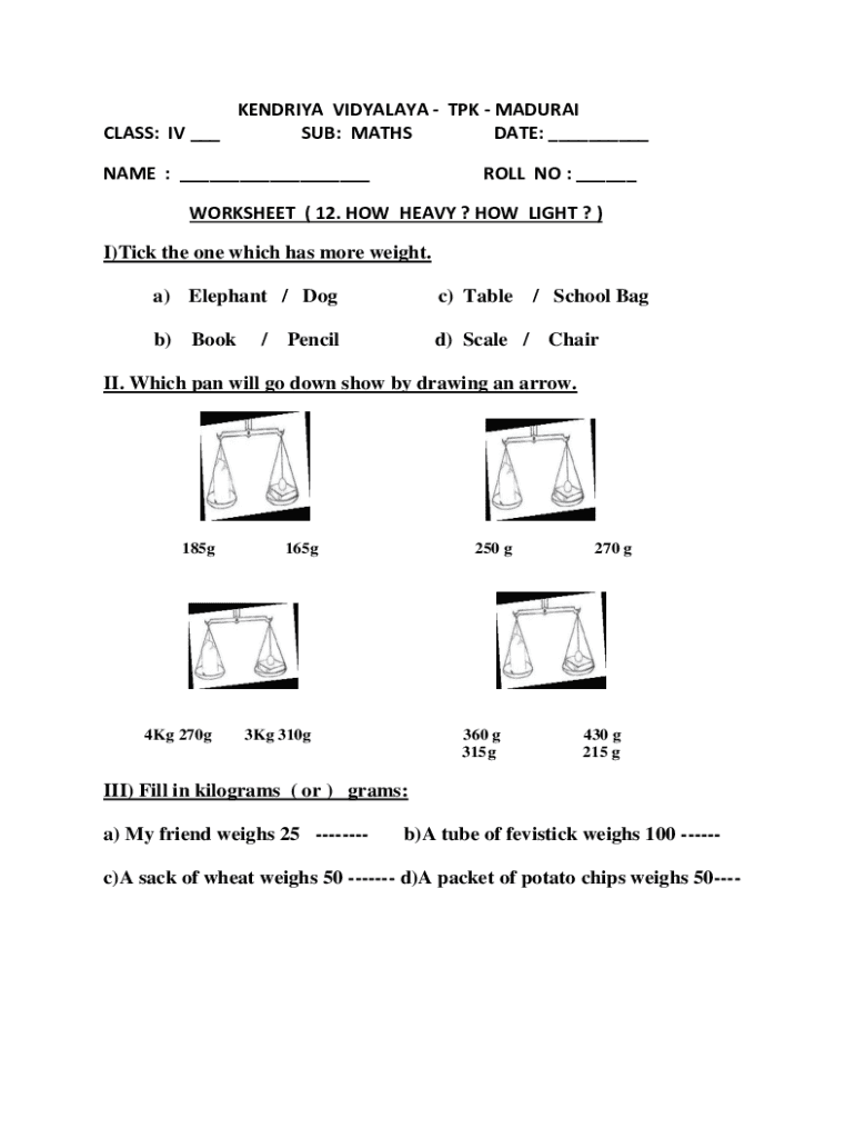 Fillable Online WORKSHEET/ How Heavy How Light/ Class4 Maths extra