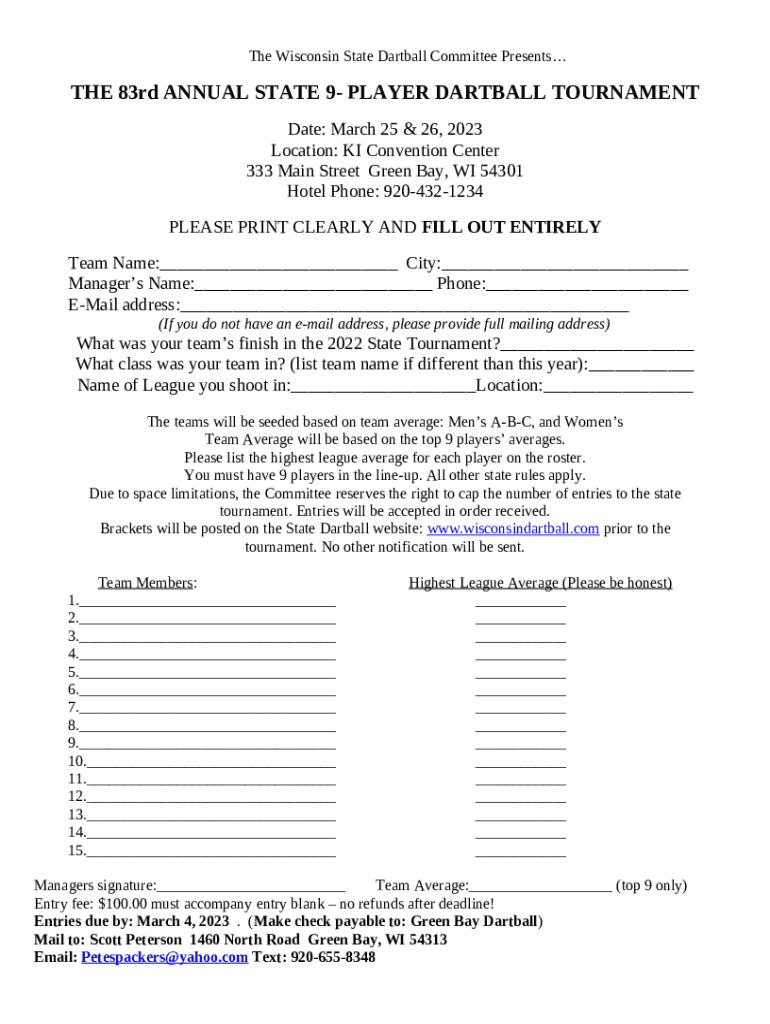 State Tournament ResultsWisconsin State Dartball Doc Template pdfFiller