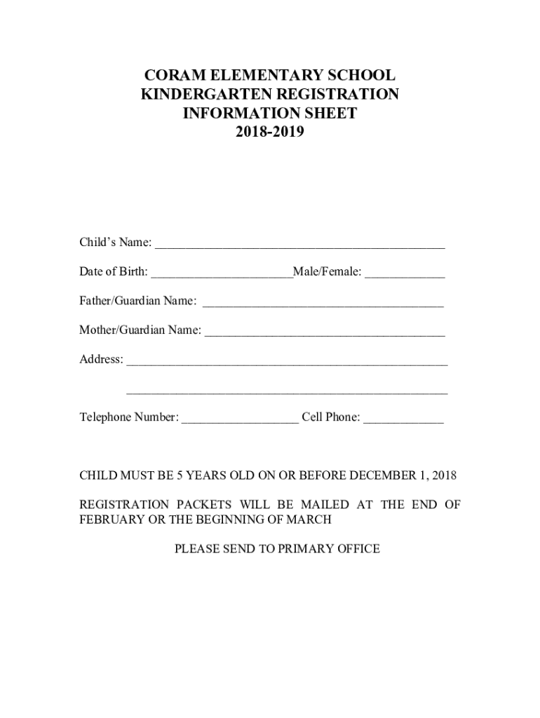 Fillable Online Coram Kindergarten Registration Sheet. Fax Email Print pdfFiller