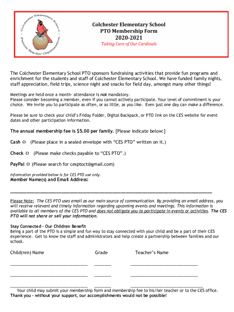 Fillable Online Colchester Elementary School Parent Teacher