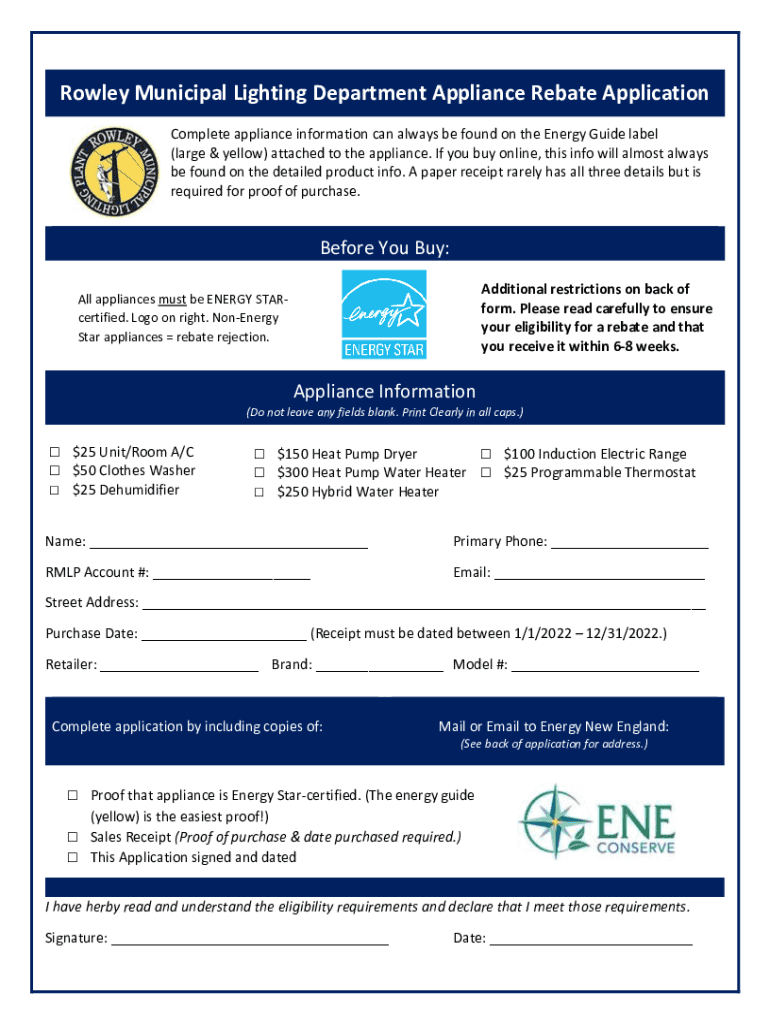 Fillable Online Rowley Municipal Lighting Department Appliance Rebate