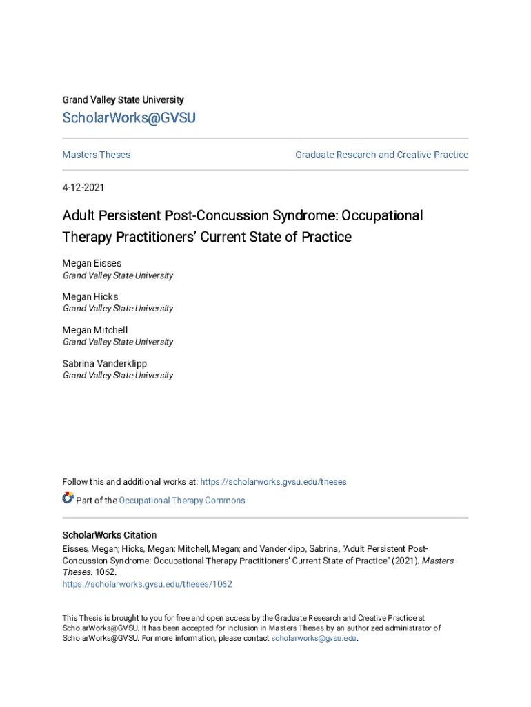 Fillable Online Adult Persistent PostConcussion Syndrome Occupational