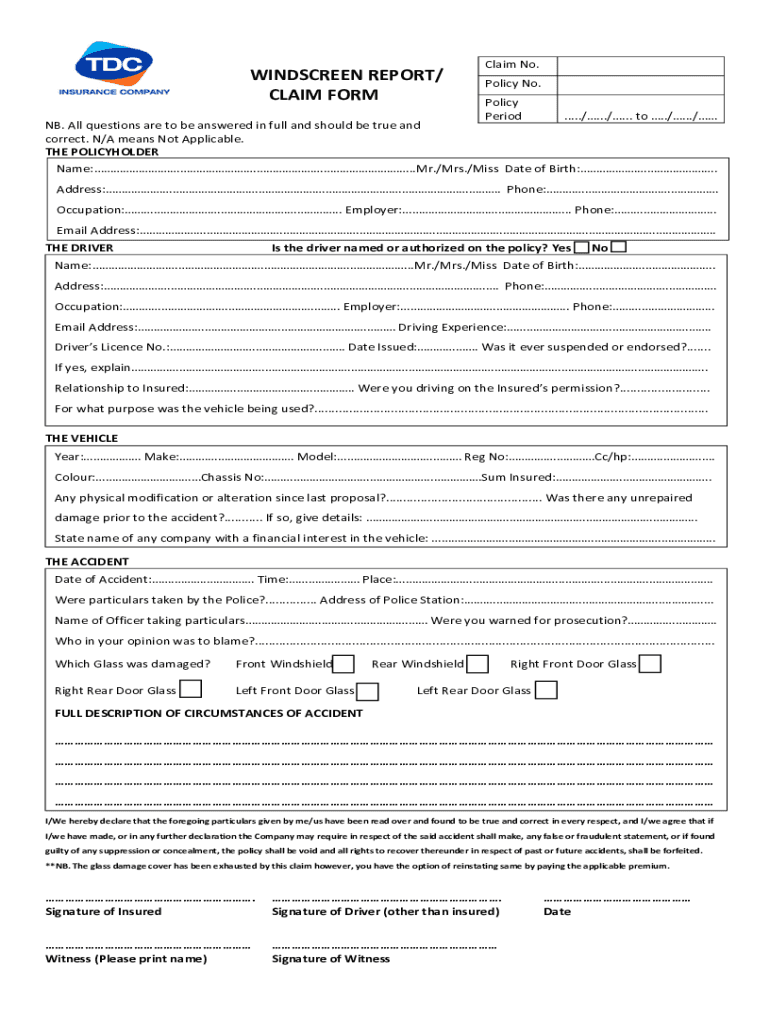 Fillable Online Windscreen Claim Form Draft Fax Email Print pdfFiller
