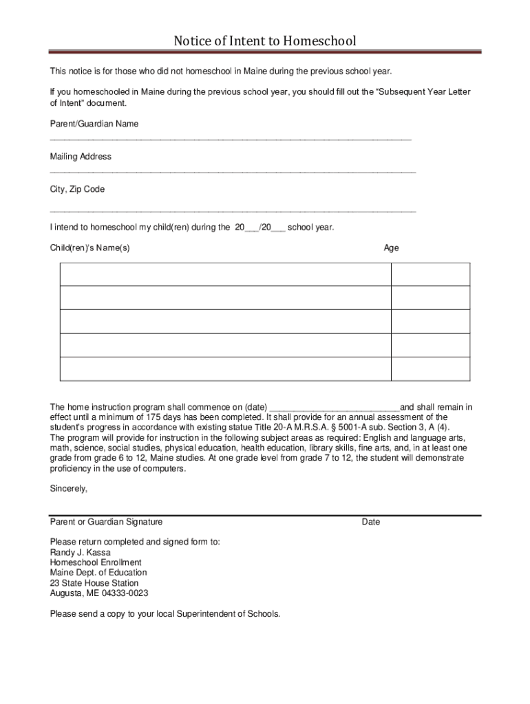 Fillable Online Notice of Intent to Homeschool Fax Email Print pdfFiller