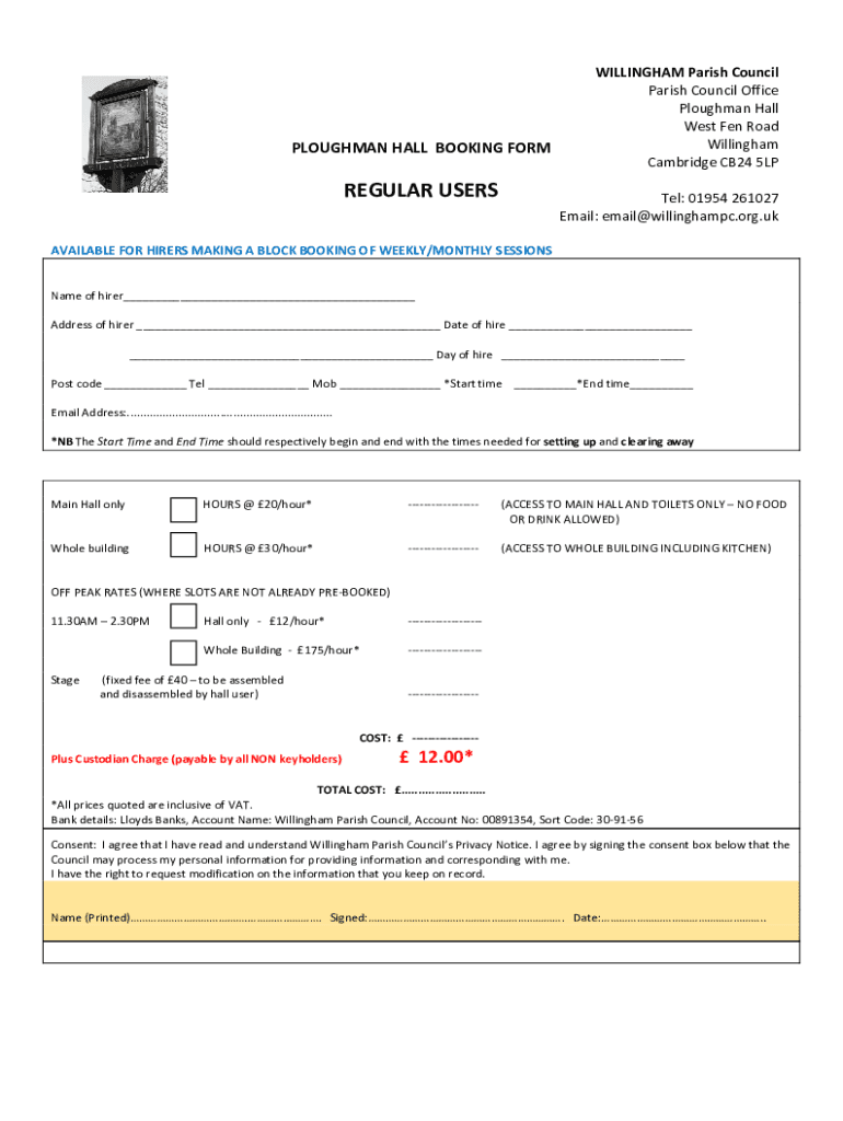 Fillable Online Ploughman Hall, Willingham Halls for Hire Fax Email