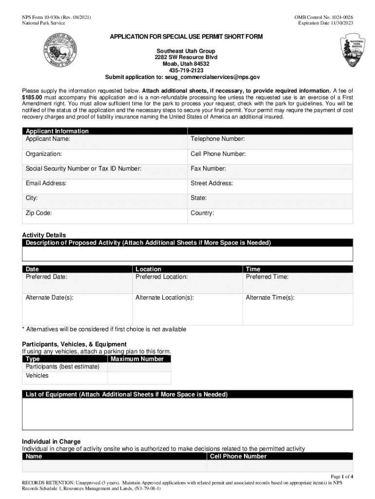 Fillable Online NPS Form 10930 Application for Special Use Permit