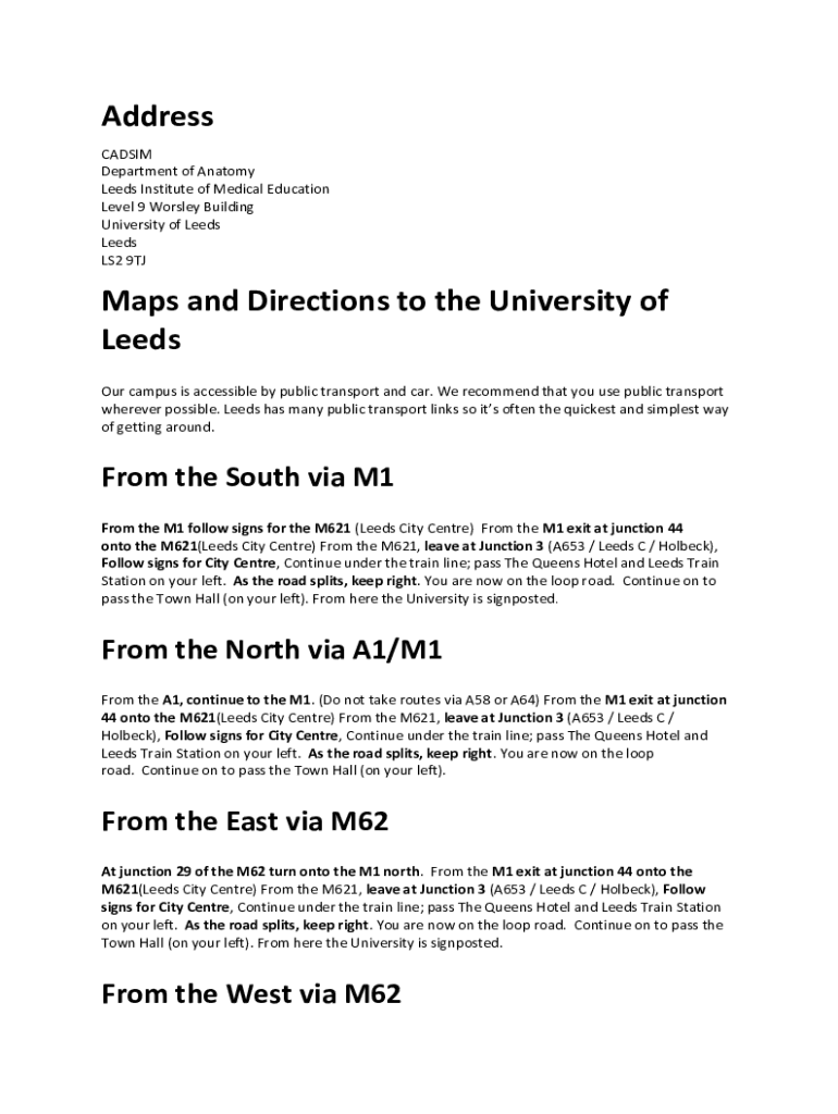 Fillable Online Address Maps and Directions to the University of Leeds