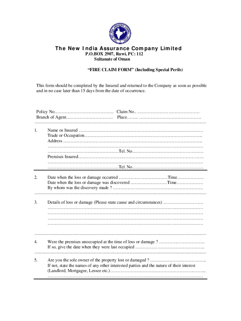 Fillable Online FIRE CLAIM FORM (Including Special Perils) Fax Email