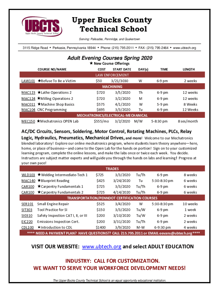 Fillable Online Upper Bucks County Technical SchoolPerkasie PA Fax