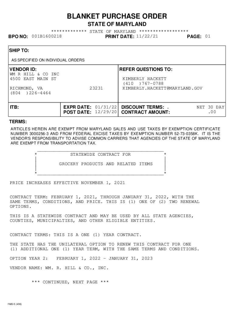 Fillable Online dgs state md PDF version of FMIS Blanket Purchase Order