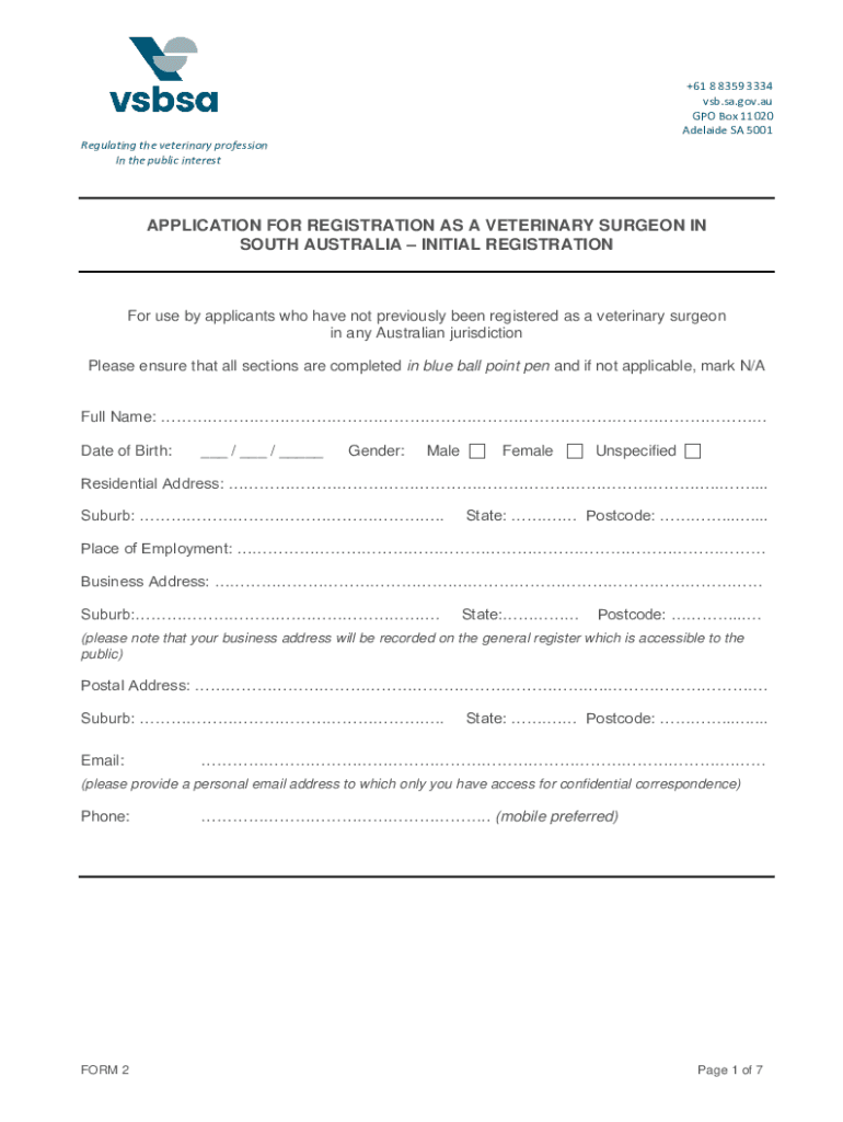 Fillable Online application for registration as a veterinary surgeon in
