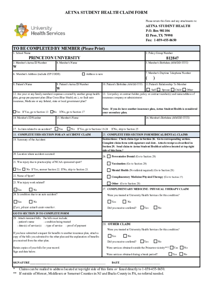 Fillable Online AETNA STUDENT HEALTH CLAIM FORM Fax Email Print pdfFiller