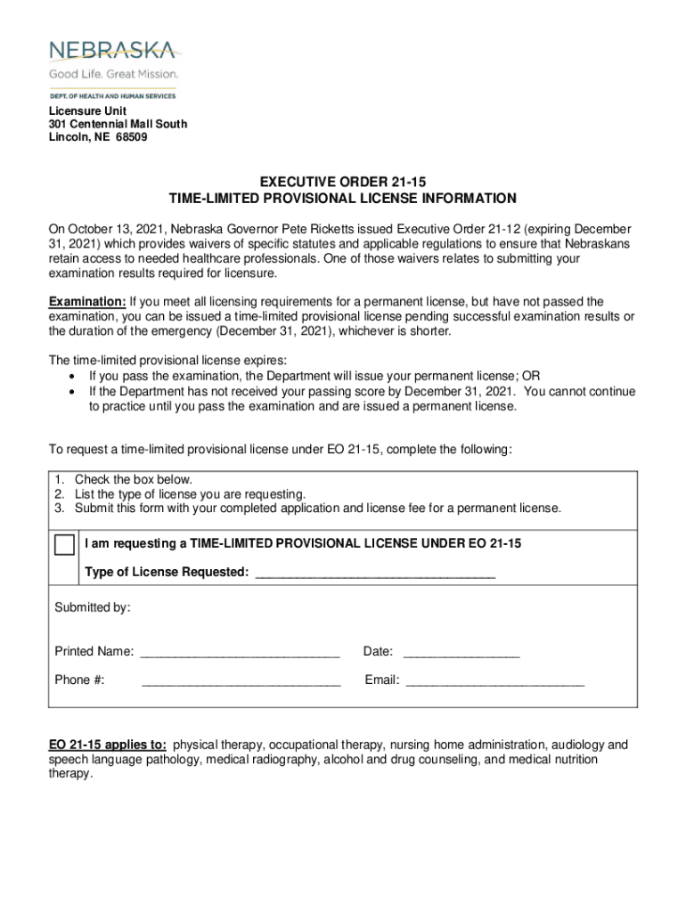 Fillable Online dhhs ne EXECUTIVE ORDER 2115 TIMELIMITED PROVISIONAL
