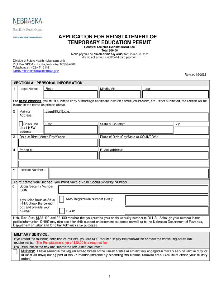 Fillable Online dhhs ne Reinstatement Application DHHS Nebraska.gov