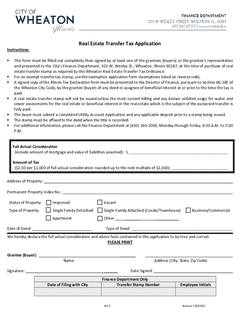 Fillable Online wheaton il Real Estate Transfer Tax Application Form
