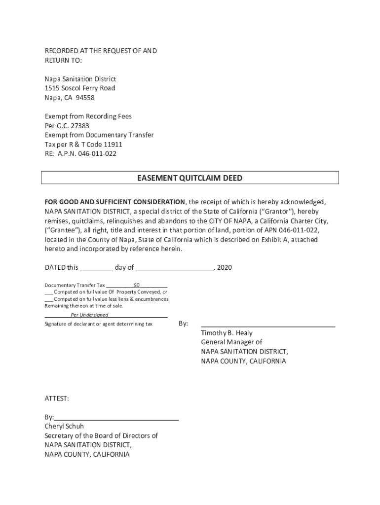 Fillable Online services countyofnapa EASEMENT QUITCLAIM DEED Fax Email