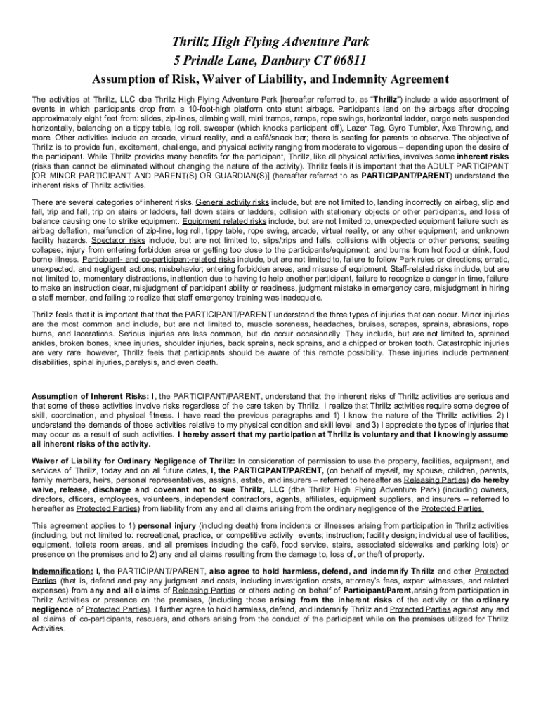 Fillable Online Thrillz High Flying Adventure Park 5 Prindle Lane